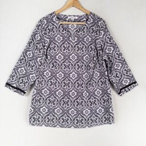 Croft & Barrow Tunic Top Womens XL Black White Geometric Boho Cotton 3/4 Sleeve